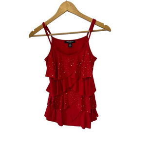 Women's Red Ruffled Tank Top Holiday Wear Silver Embellishments S